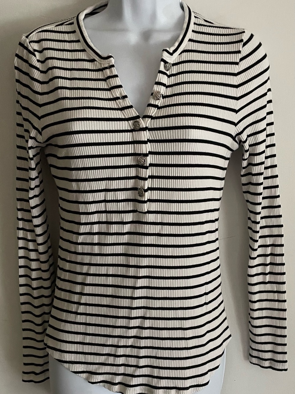 White House Black Market Black & White Striped Ribbed Henley